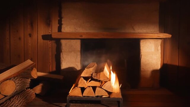 Warm Fireplace with Wood Burning  Cozy Home Interior in 4K vedio