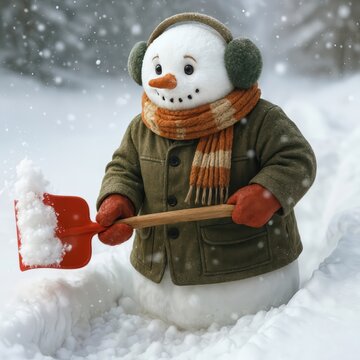 A cheerful, chubby snowman is energetically shoveling a path with a bright red shovel, expertly carving through a deep snowdrift