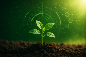 Sustainable technology sprout grows from fertile soil against a digital backdrop of innovation and growth
