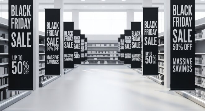 Black Friday sale banners displayed in modern retail store interior  