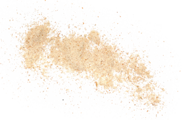 Pile of integral spelt flour isolated on white background, top view, clipping path