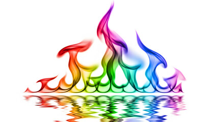 Vibrant rainbow colored flames dance and reflect in shimmering water creating a magical and artistic display