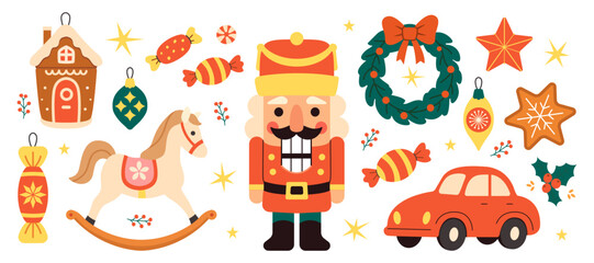 Christmas decorations and toys with nutcracker, rocking horse, red car, wreath, candys and star ornaments, festive vector illustration of holiday celebration, winter home decor and seasonal symbols