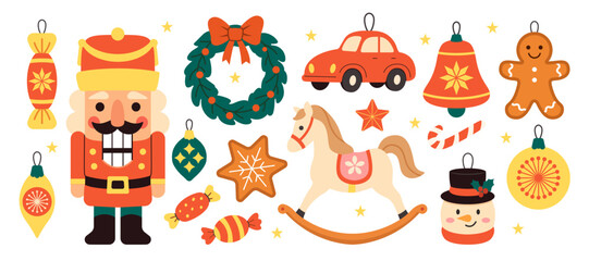 Festive Christmas ornaments and holiday toys with nutcracker, wreath, gingerbread man, candy cane, bell, toy car, and star. Cheerful vector illustration for winter celebration and seasonal decor