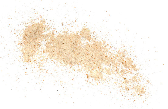Pile of integral spelt flour isolated on white background, top view, clipping path