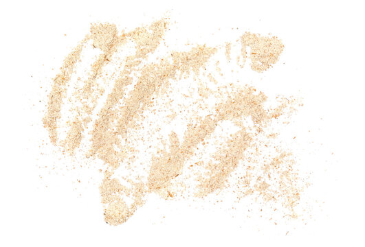 Pile of integral spelt flour isolated on white background, top view, clipping path