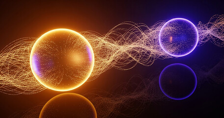 Two glowing ethereal energy orbs one orange and one purple connected by a swirling wave of light particles