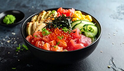 Japanese Chirashi Sushi Bowl with assorted sashimi, vegetables, and nori strips