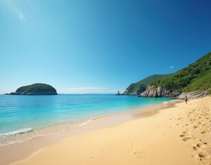 Obraz premium Azure sea washes sandy beach. Green hills covered with plants behind shore. Man walks alone by sea. Exotic island background invites vacation. Footprints visible on sand under clean blue sky. Serene