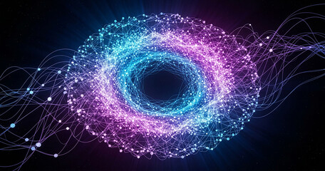 Abstract swirling vortex of glowing neon particles and light trails in vibrant blue and purple hues