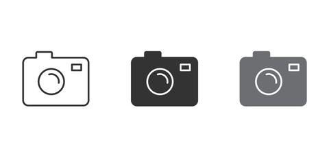 Set of camera icons in various styles, representing photography, video, media, and digital image capture.