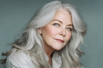 Fototapeta premium Serene portrait of a wise woman with flowing silver hair and captivating eyes.