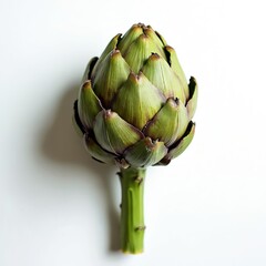 Fototapeta premium Artichoke on white backdrop. Fresh green artichoke vegetable food plant. Healthy eating concept. Isolated artichoke studio shot. Macro photo of edible flower. Vegetarian diet organic ingredient.
