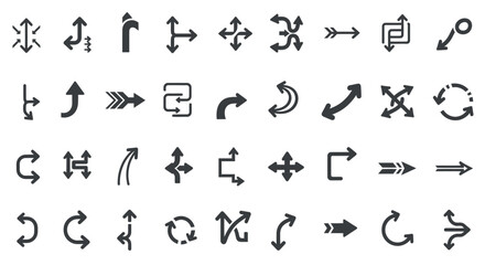 A comprehensive collection of diverse arrow icons representing various directions and movements.