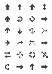 A diverse set of black arrow icons for user interface design.