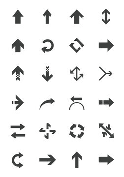 A diverse set of black arrow icons for user interface design.