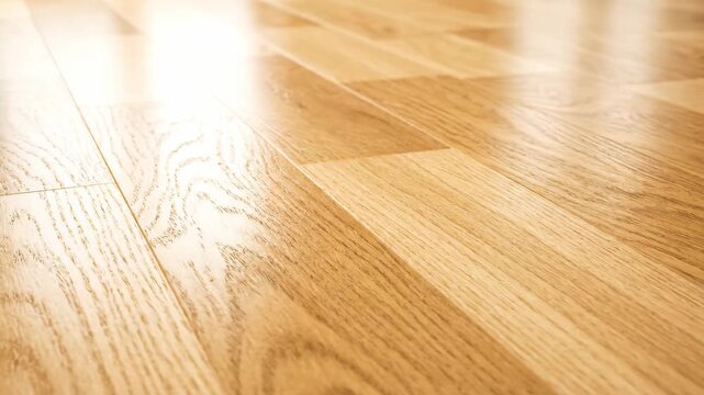 Polished Hardwood Floor Surface - A close-up shot showcases the texture of a polished hardwood floor. The surface is light brown and reflects light, giving it a smooth and shiny appearance.
