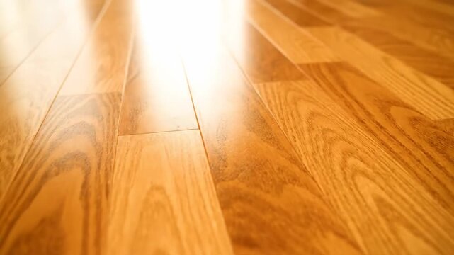Polished Hardwood Floor Surface - This video showcases a close-up of a polished hardwood floor surface. The wood grain is clearly visible, providing texture and detail.