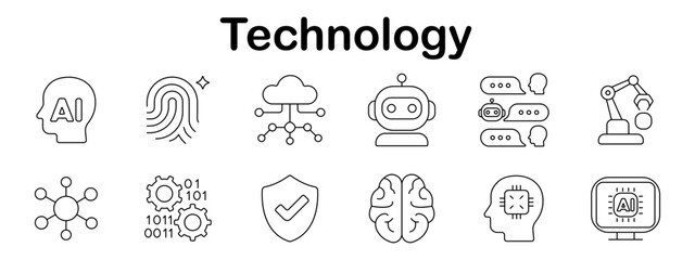 Technology set icon. AI head, fingerprint, robot, neural brain, circuit, cloud, gears, security shield, monitor, network, facial profile, code in bold outline style