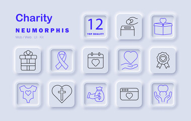 Charity set icon. Heart, gift, ribbon, calendar, award, baby clothes, coin, donation box, hands, cross, website, money helpful action with support, care, love, hope, kindness, giving.