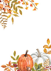 Hand-painted watercolor autumn frame &mdash; pumpkins, fall leaves & berries &mdash; rectangular border. PNG clipart.