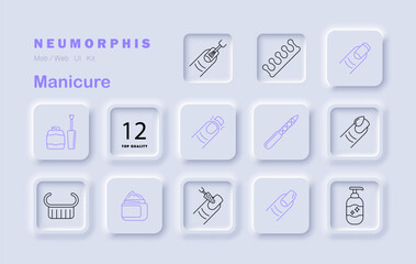 Manicure set icon. Nail polish, brushes, electric file, finger pose, lotion, buffer, nail tip, dispenser bottle, hand scrubber, toe separator in neumorphic layout