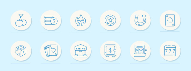 Casino set icon. Cherries, coin stack, 777 flames, chip, horseshoe, ace card, dice, poker hand, casino building, safe, slot machine, triple sevens, gambling tools.
