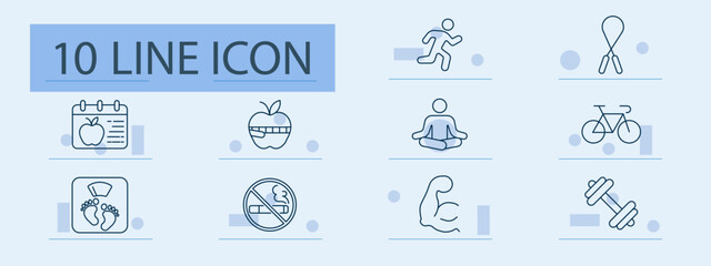 Fitness set icon. Running, jump rope, yoga, bike, calendar, apple, scale, muscle, dumbbell, no smoking, healthy, activity, wellness, goal, strength, routine, body, diet