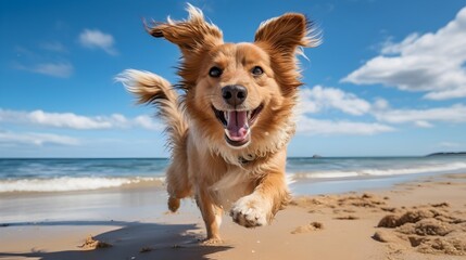 Joyful red-and-white dog sprints along the shoreline toward the camera; ears flying, coat ruffled, paws kick up spray. Bright sky and surf frame an energetic moment of speed, freedom, and summer play
