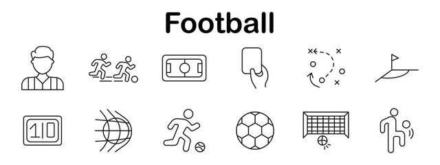 Football set icon. Referee, dribbling players, pitch, red card, tactic board, corner flag, scoreboard, net, striker, ball, goalpost, throw-in designed in linear style. © Кирилл Макаров
