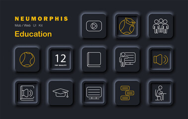 Education set icon. Neumorphic interface icons displaying classroom, blackboard, screen, student, teacher, graduation cap, audio, text, and presentation tools