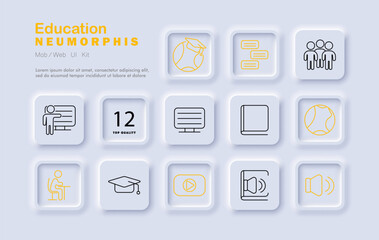 Education set icon. Icons illustrate board, student, book, cap, audio, video, presentation, chalk, graduation, speaker, classmates, notepad, and communication blocks.