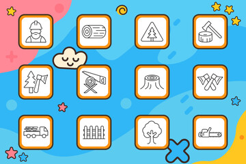 Lumberjack set icon. Worker, log, tree, axe, forest, saw, stump, crossed axes, truck, fence, chainsaw. Wood, timber, cutting, forestry, tools, nature.