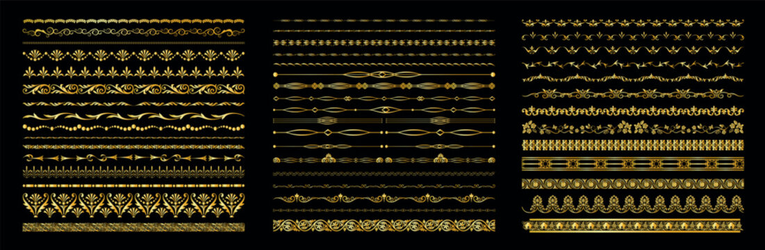 Elegant set of golden decorative dividers and borders, vector ornament. Perfect for invitations, certificates, luxury cards, packaging, and vintage design projects.
