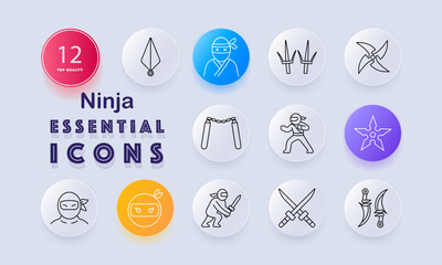 Ninja set icon. Masked head, throwing stars, twin blades, nunchaku, sai, ninja stance, crossed swords, curved daggers, stealth face, robe, training pose outlined in style.