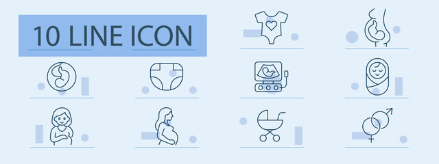 Pregnancy set icon. Line icons showing fetus, diaper, onesie, pregnant woman, ultrasound, baby wrap, breastfeeding, stroller, gender, motherhood stages