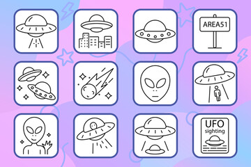 UFO set icon. Spaceship, alien, meteor, sighting, area51, city, abduction, invasion, radar, encounter, unidentified object. Space, extraterrestrial, mystery.