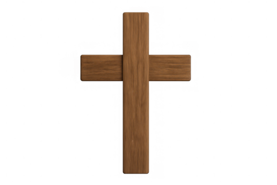 Wooden cross symbolising christianity, faith, hope, and worship. Featuring a religious icon on a transparent background