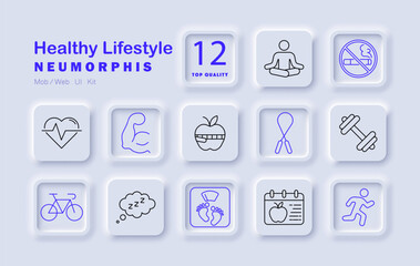 Healthy Lifestyle set icon. Fitness, sleep, diet, strength, meditation, cycling, calendar, wellness and healthy habits visualized in neumorphic icons
