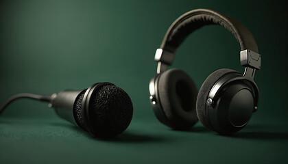 Black studio headphones and microphone rest on green background. Audio recording equipment ideal for podcasting online interviews. Music tech audio device production. Pro radio studio setup.