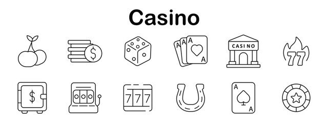 Casino set icon. Cherries, coin stack, dice, cards, casino building, fire 77, safe, slot machines, horseshoe, poker chip drawn in clean gambling theme line icons.