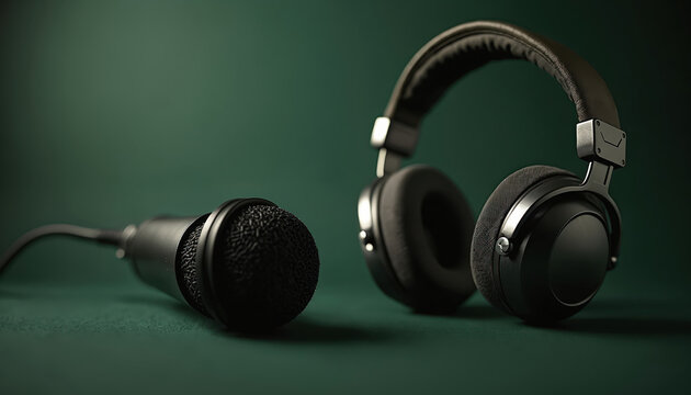 Black studio headphones and microphone rest on green background. Audio recording equipment ideal for podcasting online interviews. Music tech audio device production. Pro radio studio setup.
