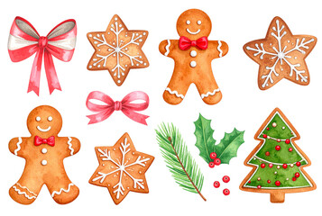 Collection of New Year's illustrations for New Year and Christmas, gingerbread cookies, gingerbread men, red bows, spruce twig, holly leaves.