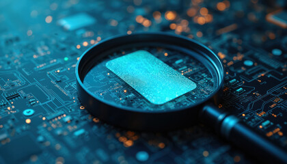 Magnifying glass over a glowing digital form on tech circuit board. Tech concept of data, cyberspace security, network, protection, data analysis and compliance.
