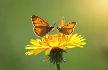 Obraz premium Two small orange butterflies rest on a bright yellow dandelion flower head. Butterflies have delicate wings and antennae. Soft green background bokeh with warm sunlight.