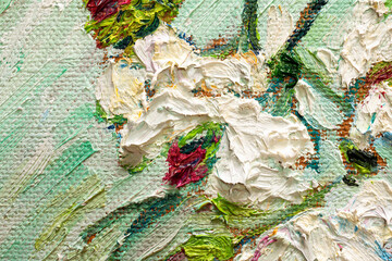 Roses. Details of oil painting on canvas. . Free copy based the wonderful painting by a famous artist. Brush strokes and paint texture