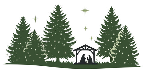 Obraz premium Snowy Pine Forest with Falling Snowflakes Silhouette