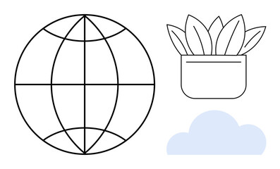 Globe representation, leafy plant in a pot, soft cloud shape convey global ecological balance. Ideal for environmental awareness, sustainability, eco-friendly initiatives, green living, global