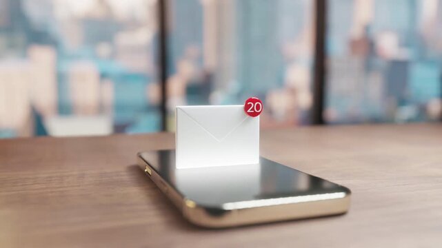 Email notification icon smartphone screen, red badge showing 10 unread messages. Digital communication, online connection, mobile technology concept. Business, social media, internet marketing theme.