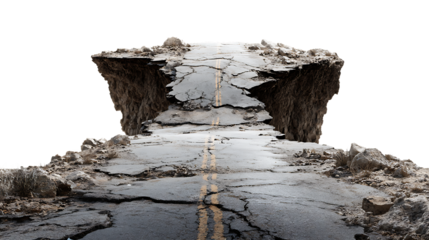 Damaged road broken in half, isolated on transparent background